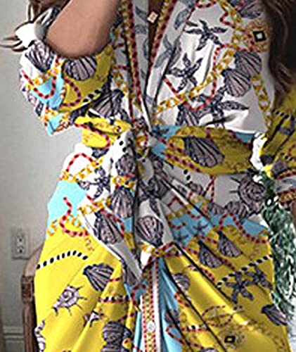 Image of FYEARFOX Women's Button Down Shirt Dress Ruched Split Maxi Dresses Long Sleeve Wrap V Neck Tie Waist Party Clubwear