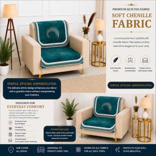 Image of Homerz Premium Chenille Fabric Sofa Cover | Soft, Durable & Dustproof | Decorative Couch Cover (Ghoomar Teal, 1 Seater, Seat Cover with Backrest)