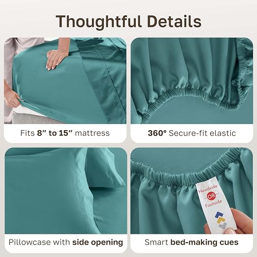 Image of California Design Den Twin XL Bed Sheets Cotton Set - Luxury 600 Thread Count Sateen, 100% Cotton Sheet Set with Deep Pockets, Soft Hotel-Quality Bedding - Teal Sheets