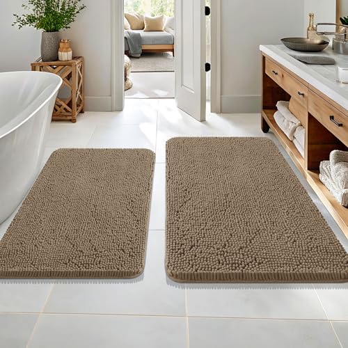 Image of OLANLY Bathroom Rugs Sets 2 Piece, Soft Absorbent Chenille Bath Mats Area Rug Set, Non-Slip, Quick Dry, Machine Washable Bath Mats for Bathroom, Home Decor Accessories (36 inchx24 inch+30 inchx20 inch, Tan)