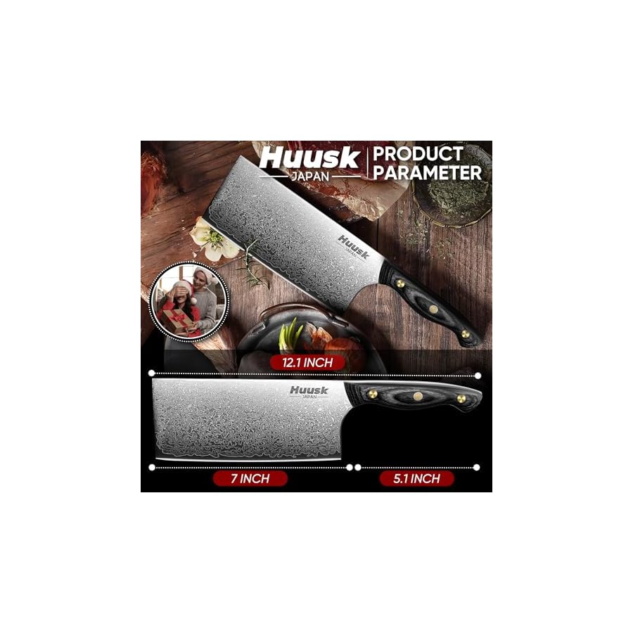 Huusk Damascus Cleaver Knife 7 inch, VG10 Butcher Knife for Meat Cutting, Kitchen Knife with Wood Handle for Chopper Vegetables Hand Forged Chooping Knife, Birthday Dad Mom Gift