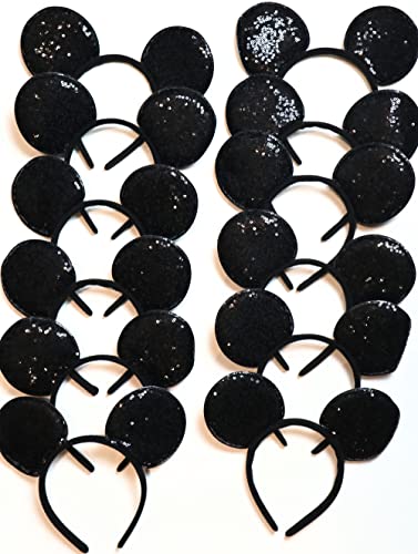 CLGIFT 12 x Mickey Ears Solid Sequin Black Headband for Boys and Girls Birthday Party Celebration Event /DIY headband/