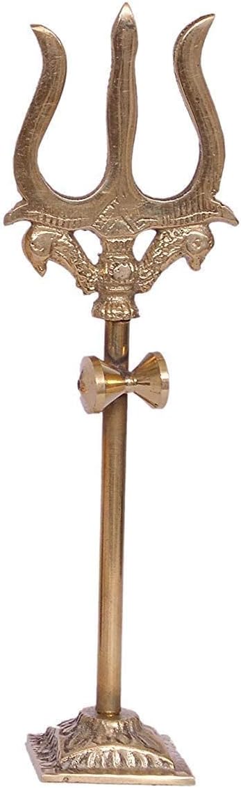 Brass Damru Trishul on Stand Show Piece Decoration Items for Pooja Room, Temple Home Decor, Puja House & Office Mandir H - 10CM