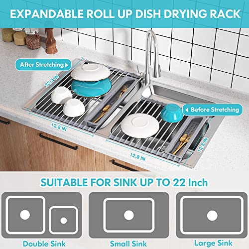 Boosiny Roll Up Dish Drying Rack, Over The Sink Dryer Rack For Kitchen Counter (12.8"-23.3" X 12.8"), Expandable 304 Stainless Steel Dish Drainer For Inside Sink, Sink Cover With Utensil Holder #TOP2