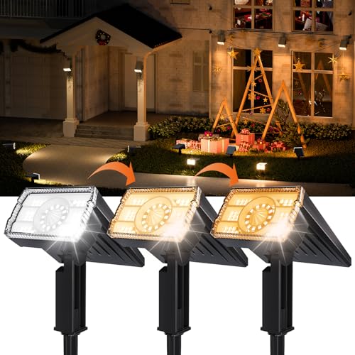 2-Pack Solar Lights Outdoor Waterproof IP67, 3 Color Modes (Warm/Cool White & Hybrid) with 3 Lighting Modes, 105° Adjustable Dusk to Dawn Solar Spotlights for Pathway/Garden/Yard Wall/Ground Lighting
