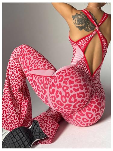 Image of Verdusa Women's Cheetah Print Workout Sets Yoga Jumpsuit Criss Cross Sleeveless Work Out Clothes Flared Pants Jumpsuits