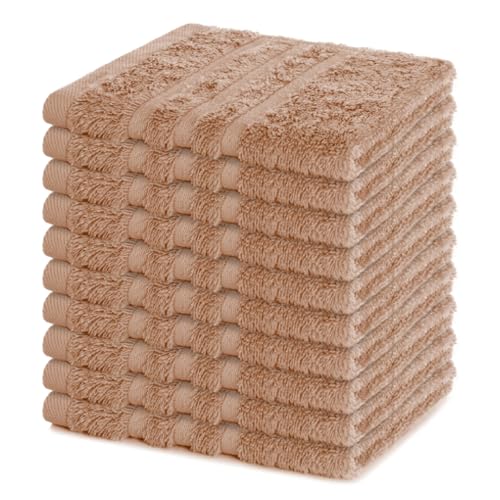 Lavea® Juego de 10 Toallas de Lavabo 30x30 cm de Rizo 100% Algodón - Suaves y Absorbentes – Toallas para lavarse la Cara – Ideales para Casa, Hotel y SPA – Capuchino