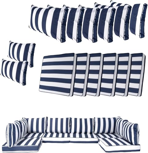 SpaceHop 14 Piece Outdoor Patio Cushion Cover Replacement, Waterproof Patio Cushion Covers, Outdoor Furniture Cushion Covers Set for 6 Seat Wicker Rattan Sofa (Blue+White Stripe)
