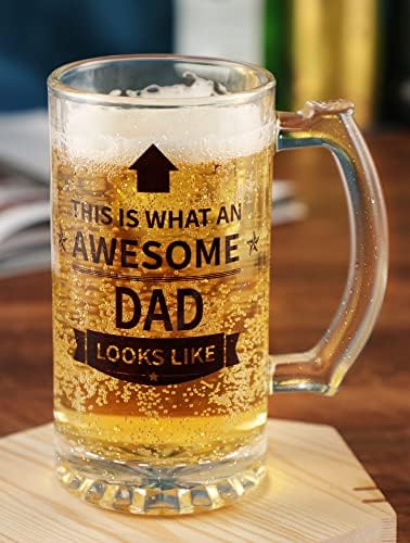 Funnli Gifts for Dad - 16OZ Beer Glass Mug, Dad Gifts from Daughter Son on Birthday Fahters Day, Daddy Birthday Presents