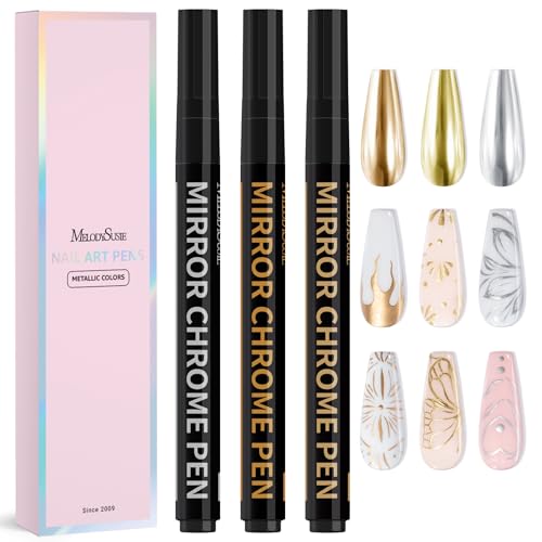 MelodySusie Nail Art Pens Set, 3PCS 0.7MM Chrome Metallic Colors Nail Polish Pens for Nail Art, Nail Dotting Tool, Drawing Pen for Nail Design, Manicure Nail Pens for Salon and Home DIY