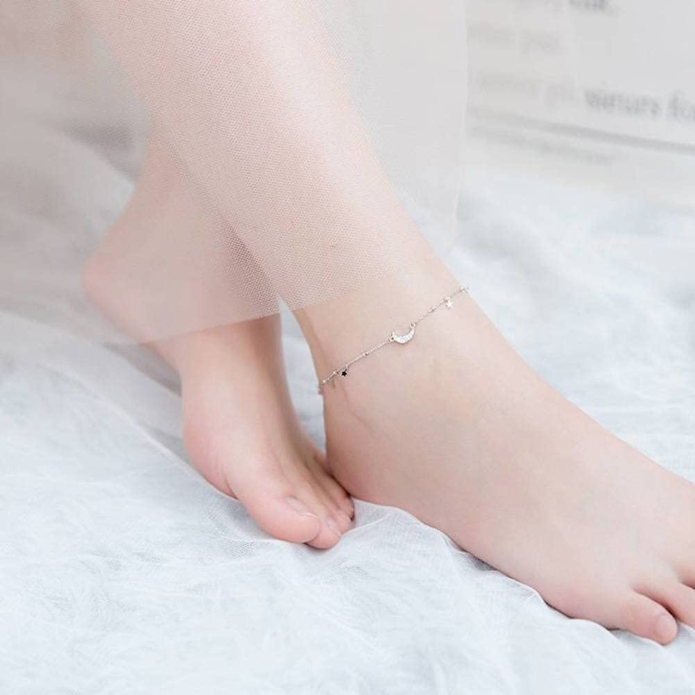 LYGBAOFUL Tobillera S925, Luna de señora, Estrella Brillante de Cinco Puntas, Diamante, Cuentas Ligeras, Adornos de corazón y pie para niña Tobillera s925
