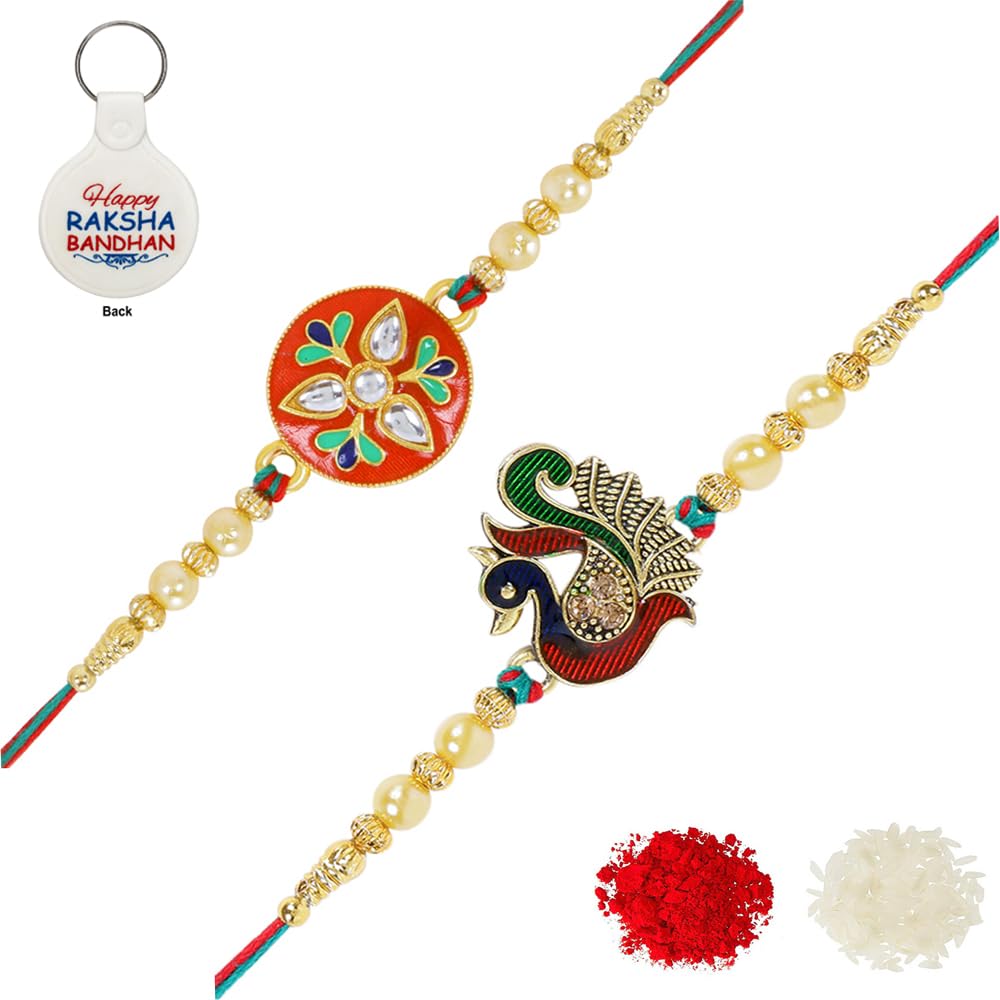 Riddhika Ventures Religious Meenakari Peocock and Stylish Kundan Rakhi (Set of 2) with Roli Chawal, Greeting Card and and One Motivational Keychain (P2P7K) (B08BPBF6LB) Amazon Price History, Amazon Price Tracker