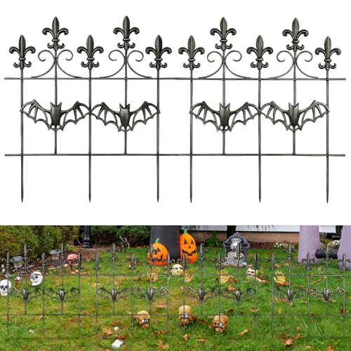 Otoolling 2 Pcs Halloween Fence Decoration 21x18 Metal Gothic Black Garden Fence Panel Spooky Outdoor Yard Prop for Haunted House Graveyard Party Decor (Bat)