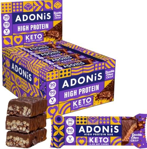 Adonis Hazelnut Crunch & Cocoa High Protein Keto Bars (16x45g) | Vegan-Friendly | 100% Natural Keto Snacks | Sugar Free, Palm Oil Free, Dairy Free | Low Sugar & Low Carb (Double Chocolate Crisp)
