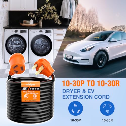 Image of Nilight 25FT EV Dryer Extension Cord 3 Prong 30 Amp NEMA 10-30P 10-30R Old Extensions Cable Heavy Duty 10 Gauge Pure Copper Wire UL Listed 125 /250V for Level 2 Using
