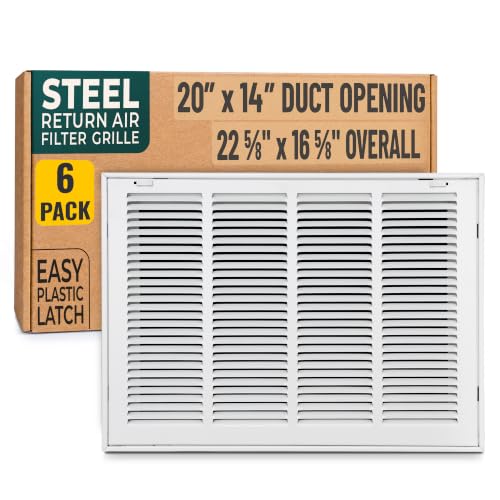 [6 Pack] Fits 20x14 Duct Opening | Steel Return Air Filter Grille by Handua [Removable Door] for 1-inch Filters | Vent Cover Grill | White | Easy-to-Use Plastic Latches | Out Dim: 22 5/8"W X 16 5/8"H
