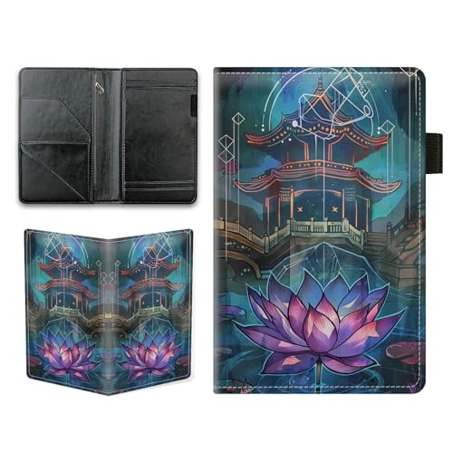 KUJKBFWJ Server Books for Waitress - Cute Server Guest Book with Zipper Pocket & Note Pad Holder | PU Leather Waiter Book Organizer, Apron-Compatible Server Wallet, Lotus at Night