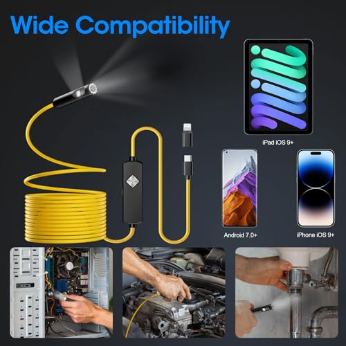 Image of Endoscope with Light, 1920P HD Borescope with 8 Adjustable LED Lights, Semi-Rigid Snake Camera, IP67 Waterproof Inspection Tool (16.4ft, Yellow + Dual Lens Wiring Harness)