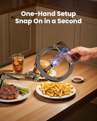 Image of Ring Light with Stand with Magnetic Phone Holder,Overhead Phone Mount for Desk,10 inch LED Tripod for iPhone with Ring Light and Remote,Phones Stand for Video Recording,Live Streaming,Cooking Video