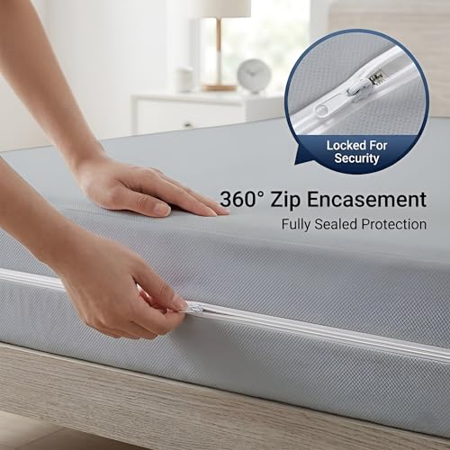 Image of 100% Waterproof Single Size Zipper Mattress Encasement - Ultra Soft & Breathable Six-Sided Bed Cover, Dustproof Noiseless Fitted Design, 78x36 Inch (6x6 Feet), Fits Up to 6 Inch Mattress, Silver