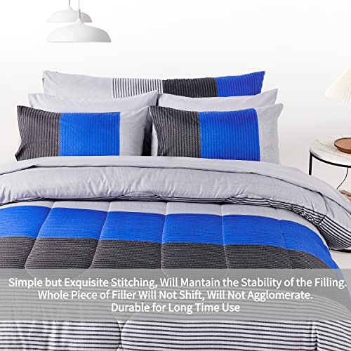 Rynghipy 8Pcs Blue And Grey Stripe Comforter Set Full Size, Ultra Soft Microfiber Filling Patchwork Comforter Duvet, Bed Sheets And Pillowcases (Full,Blue Grey) #TOP4