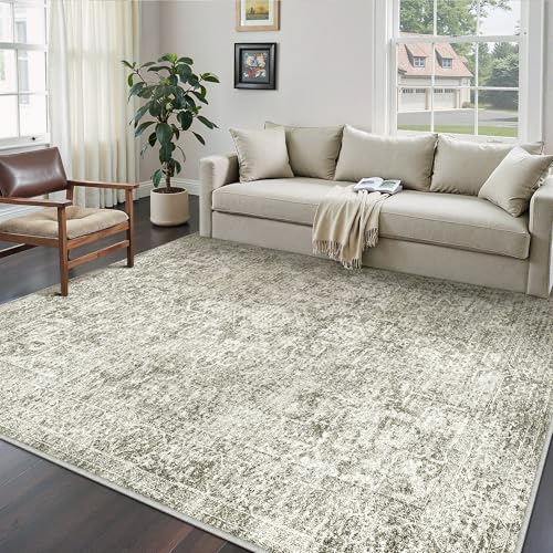 5x7 Area Rug Washable Vintage Neutral Living Room Carpet Large Indoor Non Slip Taupe Bedroom Distressed Low Pile Retro Accent Throw Rug for Dining Room