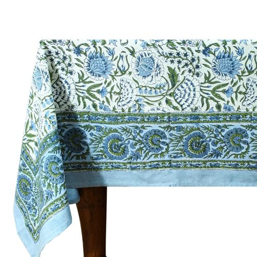 60x90 Inches Rectangle Hand Block Printed Cotton Tablecloth, White Blue Floral Table Cloths Washable, Indian Table Linen for Dinning Home Decor Outdoor Thanksgiving Gift by Home Spun & Crafts - Used condition - US$32.39