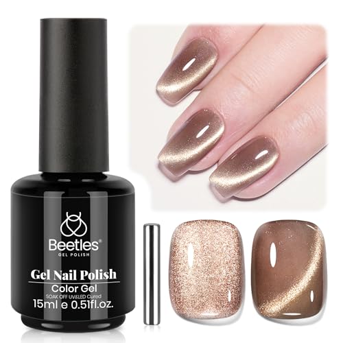 Image of Beetles Brown Cat Eye Gel Nail Polish - Velvet Cinnamon Cat Eye Gel Polish, 15ML Brown Mocha Mousse Magnetic Glitter Gel Polish with Magnet Soak Off UV French Nail Art Manicure Gift for Women