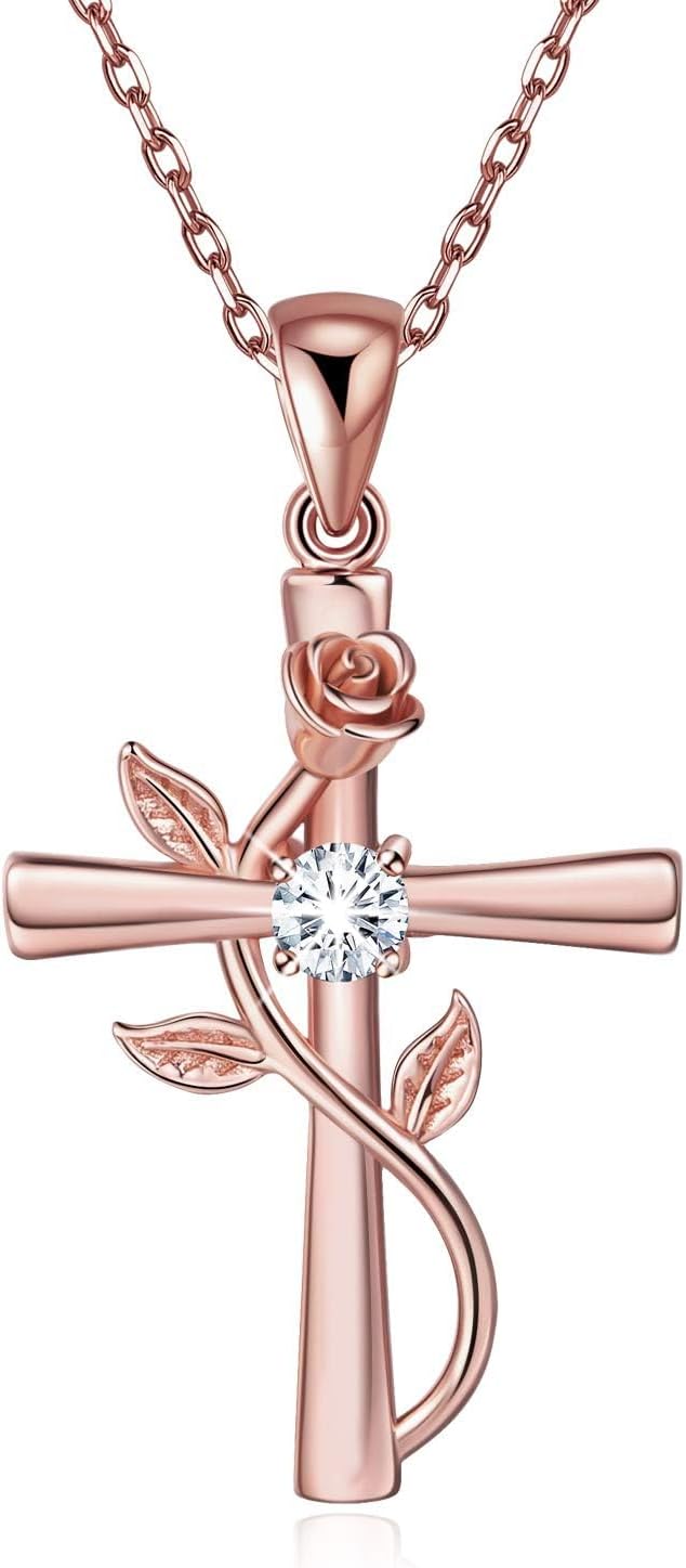 - Cross Necklace for Women Sterling Silver Cross Necklaces Pendant White/Rose/Gold Plated Cubic Zirconia Flower Necklace Gifts for Women