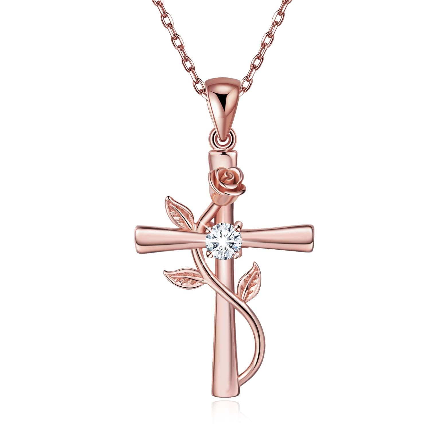 - Cross Necklace for Women Sterling Silver Cross Necklaces Pendant White/Rose/Gold Plated Cubic Zirconia Flower Necklace Gifts for Women