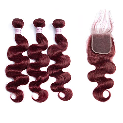 Aigemei Peruvian Virgin Hair Body Wave Wine Red 3 Bundle with 1pc 4x4 Free Part Lace Closure 100% Unprocessed Body Wavy Human Hair Extensions(18 20 22+18 Closure,Wine Red #99J)