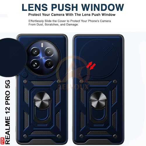 Image of Armor Bumper Back Cover Case for Realme 12 Pro /Pro Plus / P1 Pro 5G Rotating Camera Cover, Ring Holder & Kickstand | Heavy Duty & 360 Degree Protection Back Cover (Blue)