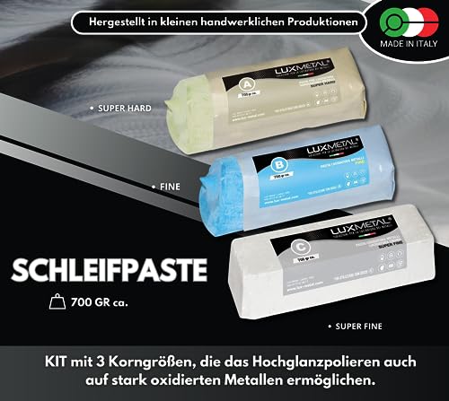 Lux Metal 3 Polierpaste 700 g (A-B-C) Fein Mittel grob Schleifpaste Für spiegelnden Glanz Auf Edelstahl, Aluminium Eisen Messing Chrom Holz Marmor und Weitere Metall Perfekt Zum Polieren von Messern