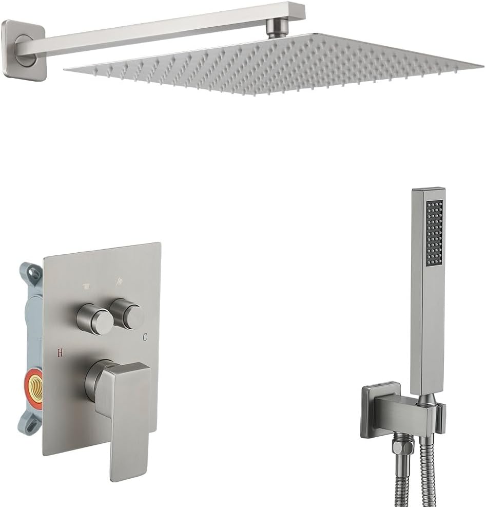 Brushed Gold Shower System with Push Button Diverter, Wall Mount Luxury 12 Inch Rain Shower Head with Handheld Spray, Shower Faucet Combo Set with Rough-in Valve Body and Trim Kit Included