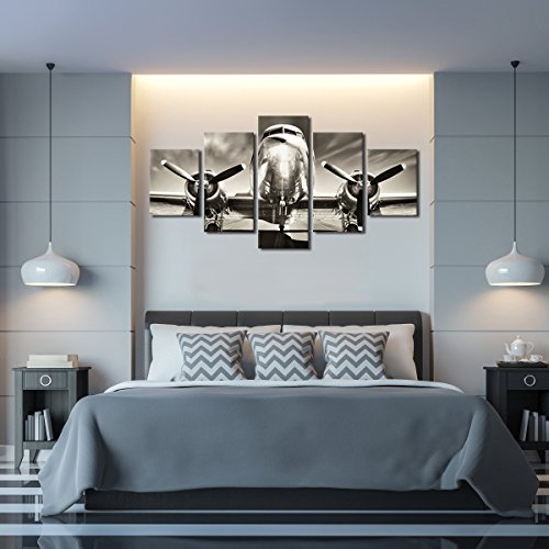 Klvos - 5 Pieces Vintage Wall Decor Painting Retro Airplane On The Runway Premium Quality Canvas Printed Wall Art Poster With Wooden Frame For Living Room Ready To Hang 32"X60" In Total #TOP3