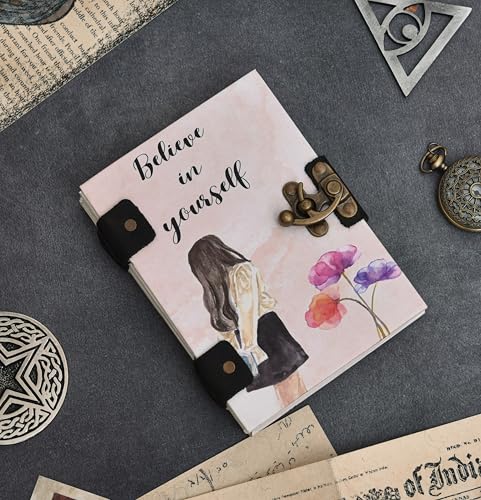 Image of Handmade Motivational Journal | ?Believe in Yourself? Diary with Lock | Vintage 5x7 Inch Recycled Paper Notebook for Women, Writers & Artists