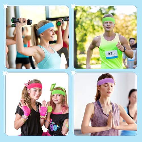 Image of Crowye 100 Pcs Neon Sweatbands Bulk 80s 90s Sports Headbands Colourful Tennis Headbands International Countries Sports Games for Men Women Competitions Glow Party