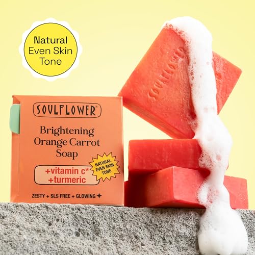 Image of Soulflower Brightening Orange Carrot Soap for Glowing Skin | Deep Cleansing Handmade Bathing Bar For Hard Water with Ginger & Vitamin E | Helps Revive Dull Skin & Refreshes Skin | All Skin Types|100g