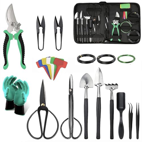 24 Piece Bonsai Tree Kit, Bonsai Trimming Tool Set, Bonsai Starter Kit, Carbon Steel Scissors Cutter Shears, Stainless Steel Rake Shovel, Gardening Pruning Tools, Gloves