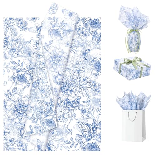 woric 80 Sheets Blue Floral Tissue Paper for Gift Bags Vintage Blue and White Decorative Tissue Paper Bulk for Flowers Packaging Baby Shower Wedding Birthday Tea Party Decor 14 x 20 Inch