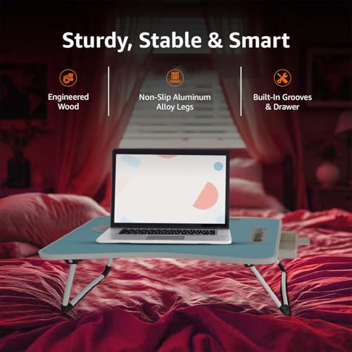 Image of Amazon Basics Engineered Wood Foldable Laptop Table with Cup Holder, Tablet Groove and Mini Drawer (60L x 40W x 26H cm, Blue)