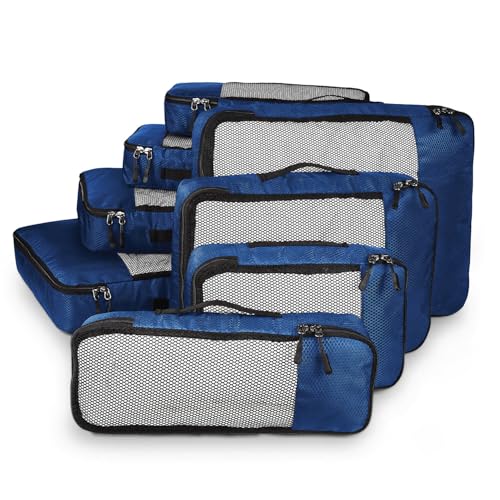 Image of FATMUG Polyester Packing Cubes Travel Pouch Bag Organiser Set of 8 (2X Large-Medium-Small And Slim, Navy Blue)
