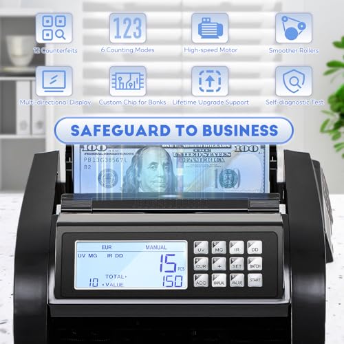 Image of Money Counter Machine with Value Count,4 inch LED Display,Cash Counter for Dollar /Euro with UV /MG /IR /DD Detection, Bill Counting with Count /Add /Batch /Auto Modes,Bill Counter Fast Counting 1,200 /Min