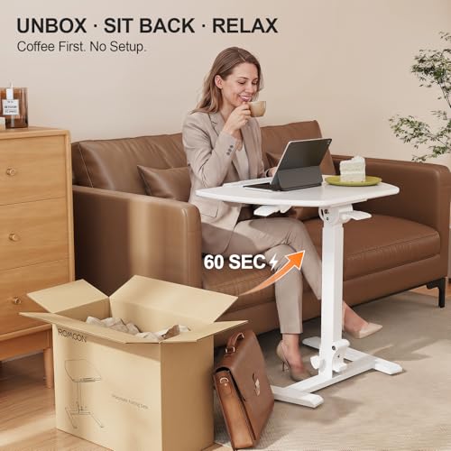 Image of ROMOON Folding Small Standing Desk with Wheels, No-Assembly Portable Sit-Stand Laptop Cart, Adjustable Height Rolling Space Saving Workstation for Home Office, Small Space (White)