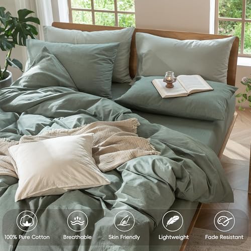 Image of MooMee Duvet Cover Set 100% Washed Cotton Linen Like Twin | Relaxed Linen-like Texture. Soft, Breathable & Long-lasting Comfort. Lightweight. Hidden Zipper with 8 Interior Corner Ties