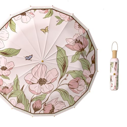 Meichoon UPF50+ Parapluie Protection UV 16 Côtes Portable Léger Imperméable Parasol Amélioré Design Coupe-vent Rétro Classique Fleur Vintage pour Femmes Voyage & Quotidien