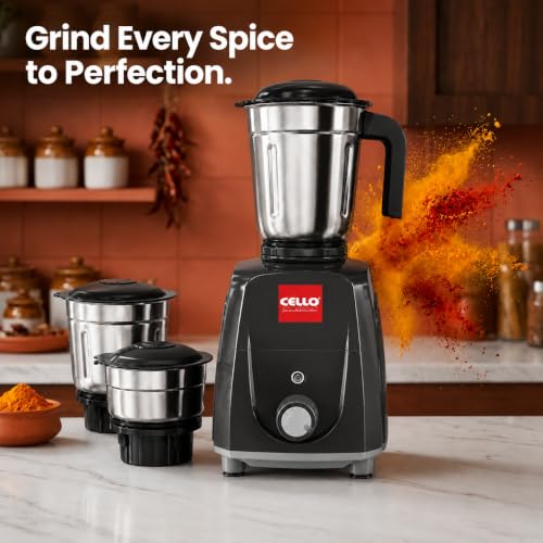 Image of CELLO Unitech 600W Mixer Grinder with Juicer Jar | 4 Jars | Copper Motor | 3 Speed Control | Stainless Steel Blades | Mixer, Grinder & Juicer for Juices (Unitech 600W Mixer Grinder Black)