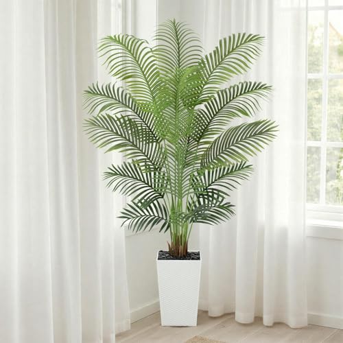 Image of 6ft Artificial Palm Tree with White Planter - Tall Fake Palm Tree Indoor Fake Tropical Plant for Home Office Living Room Bedroom Modern Decor