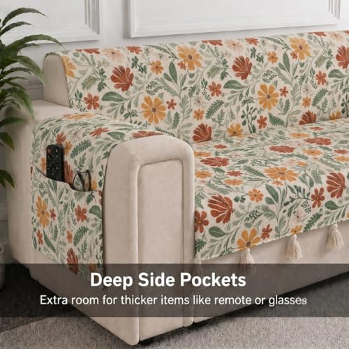 Image of STITCHNEST 'Eden Weaves Collection Series' 3 Seater Sofa Cover | Full Coverage with Armrest Pockets | Elegant Woven Fabric, Decorative Tassels, Washable & Durable for Modern Living