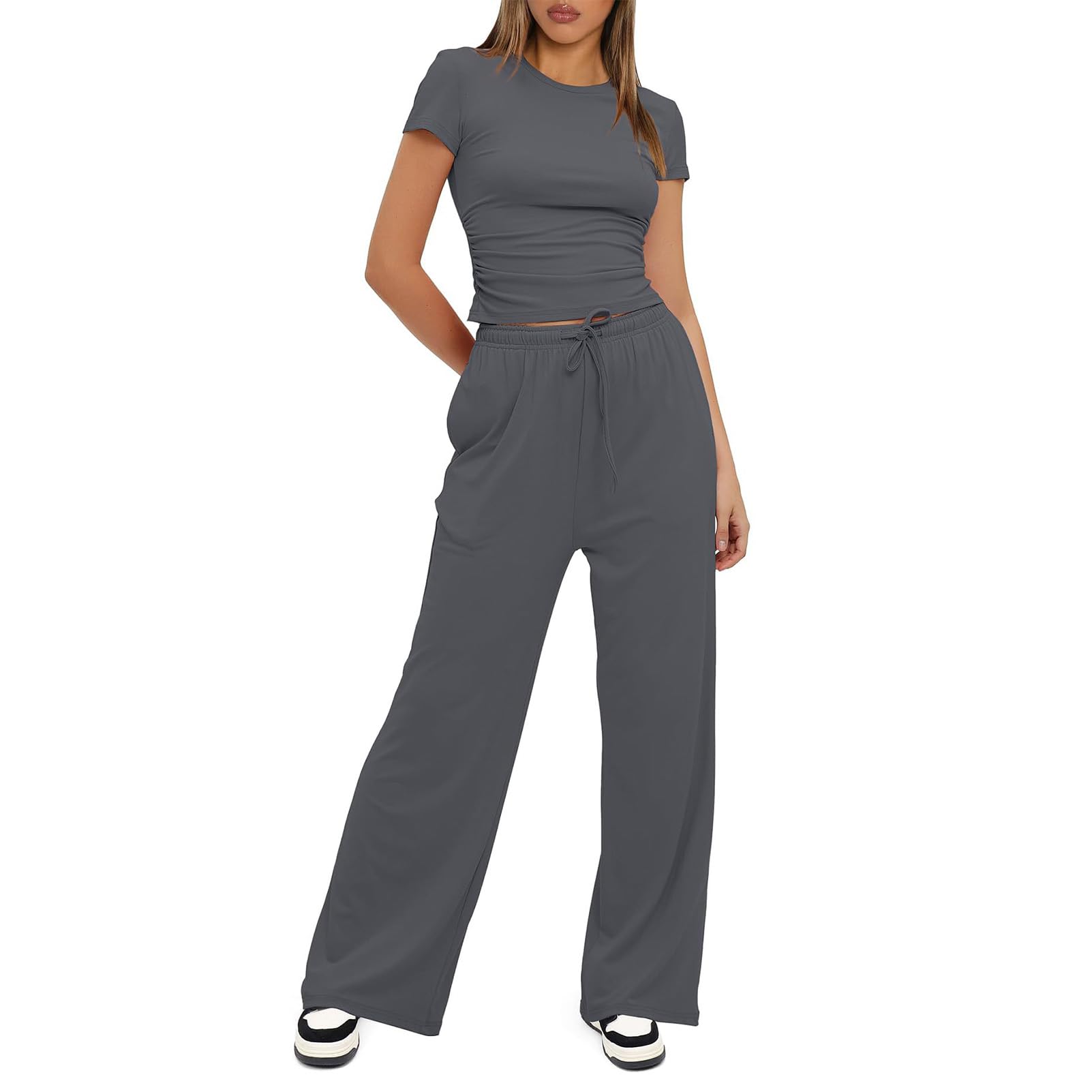 amropi Mujer Conjunto de 2 Piezas Manga Corta Camiseta Fruncida y Pantalones Anchos
